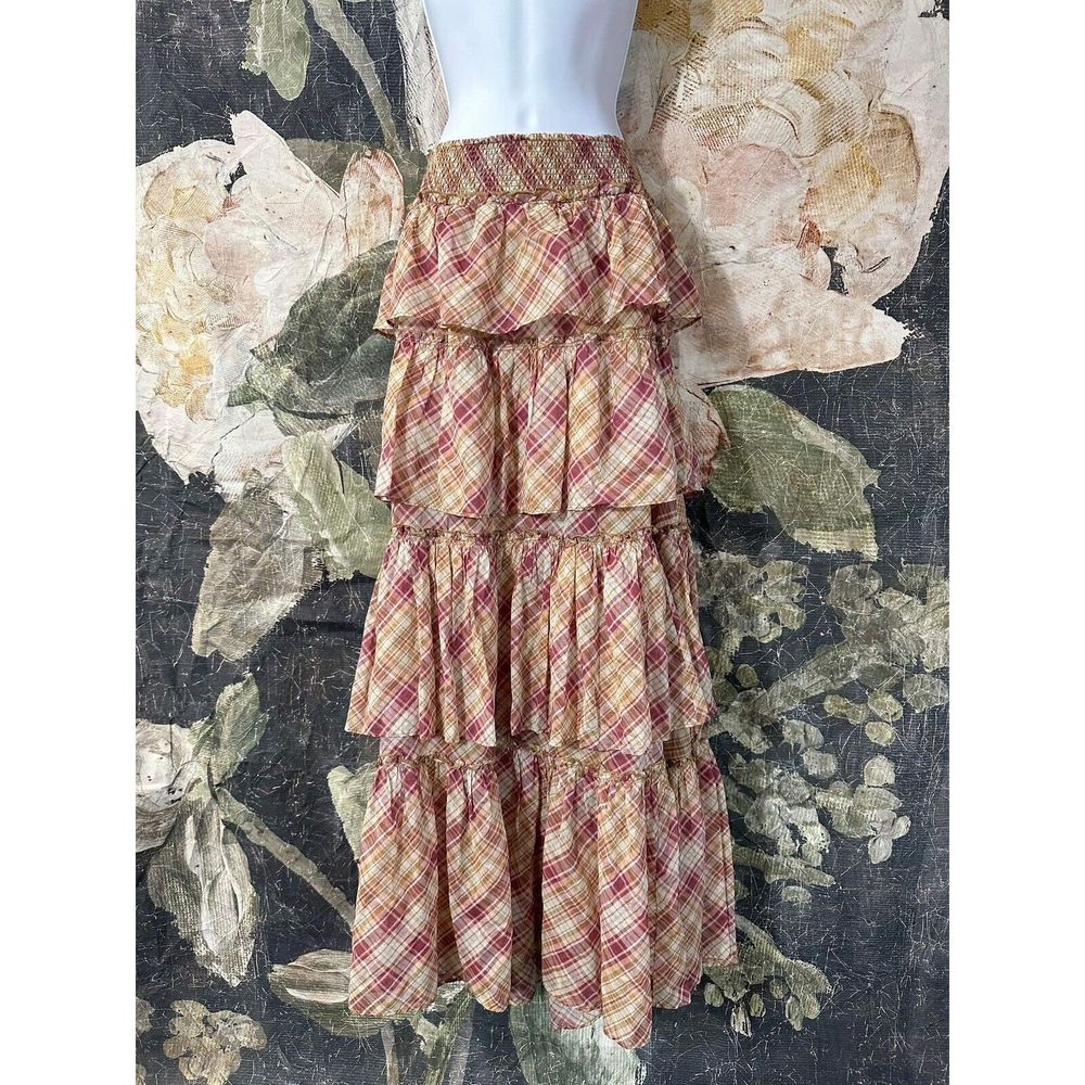 New Free People Sawyer Red Plaid Tiered Maxi Skirt Size Large - Picture 5 of 7